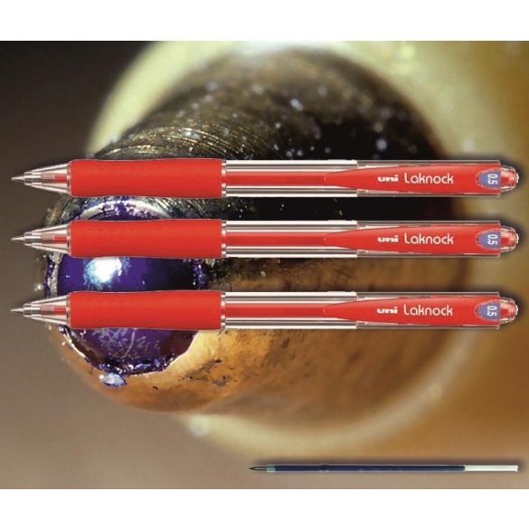 Golyóstoll piros SN-100 Laknock Uni - nyomógombos, átlátszó tolltest, 0,5mm (SA-5CN betéttel)