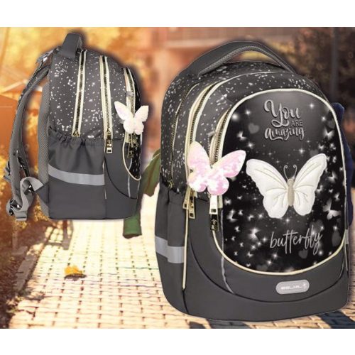 Iskolatáska hátitáska ergonómikus Leisure Plus Amazing Butterfly Belmil 300x400x200mm 19 literes