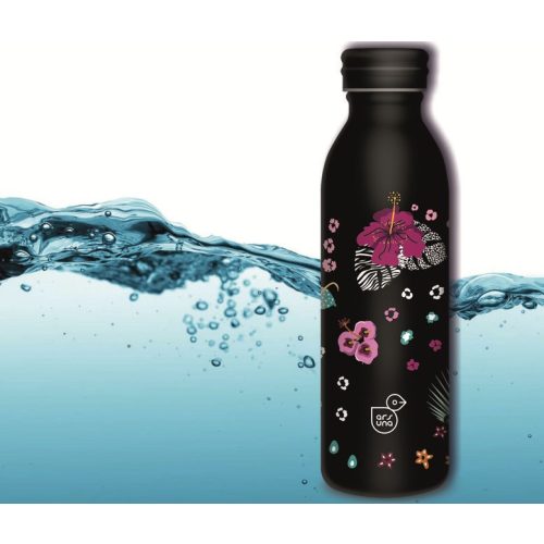 Kulacs fém duplafalú fekete-hibiszkusz mintás Ars Una 600ml