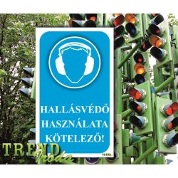   Információs matrica "Hallásvédő használata kötelező" kék-fehér IrodaTREND 150x250mm
