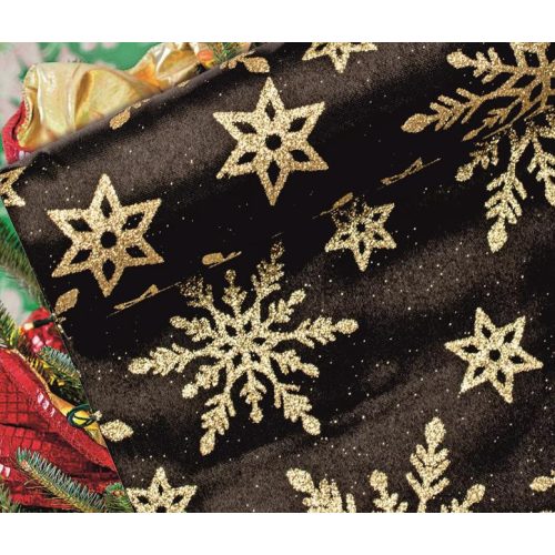 Dekorációs anyag szatén hópehely karácsonyi fekete 360mm - arany minta