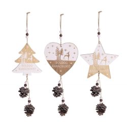   Dísz akasztós fa Boldog Karácsonyt 360x120mm - fenyő, csillag, szív