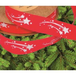 Szalag vászon csillag karácsonyi piros 25mm - fehér minta