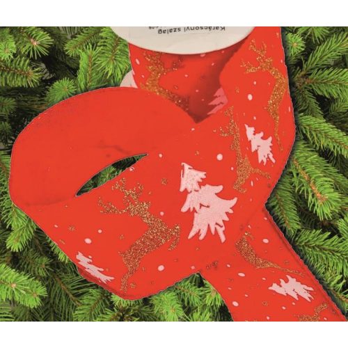 Szalag vászon szarvas-fenyőfa karácsonyi piros 63mm - drót szegély