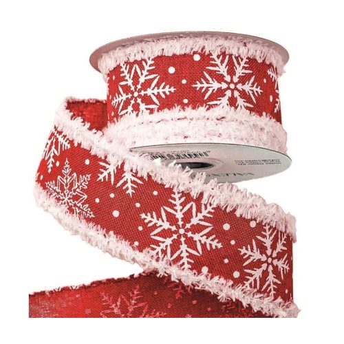 Szalag vászon hópehely karácsonyi piros 38mm - drót szegély, fehér minta, bolyhos szélű