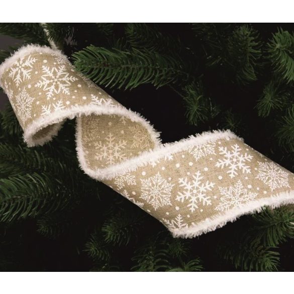 Szalag vászon hópehely karácsonyi natúr 64mm - drót szegély, fehér minta, bolyhos szélű