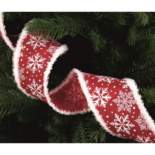 Szalag vászon hópehely karácsonyi piros 64mm - drót szegély, fehér minta, bolyhos szélű